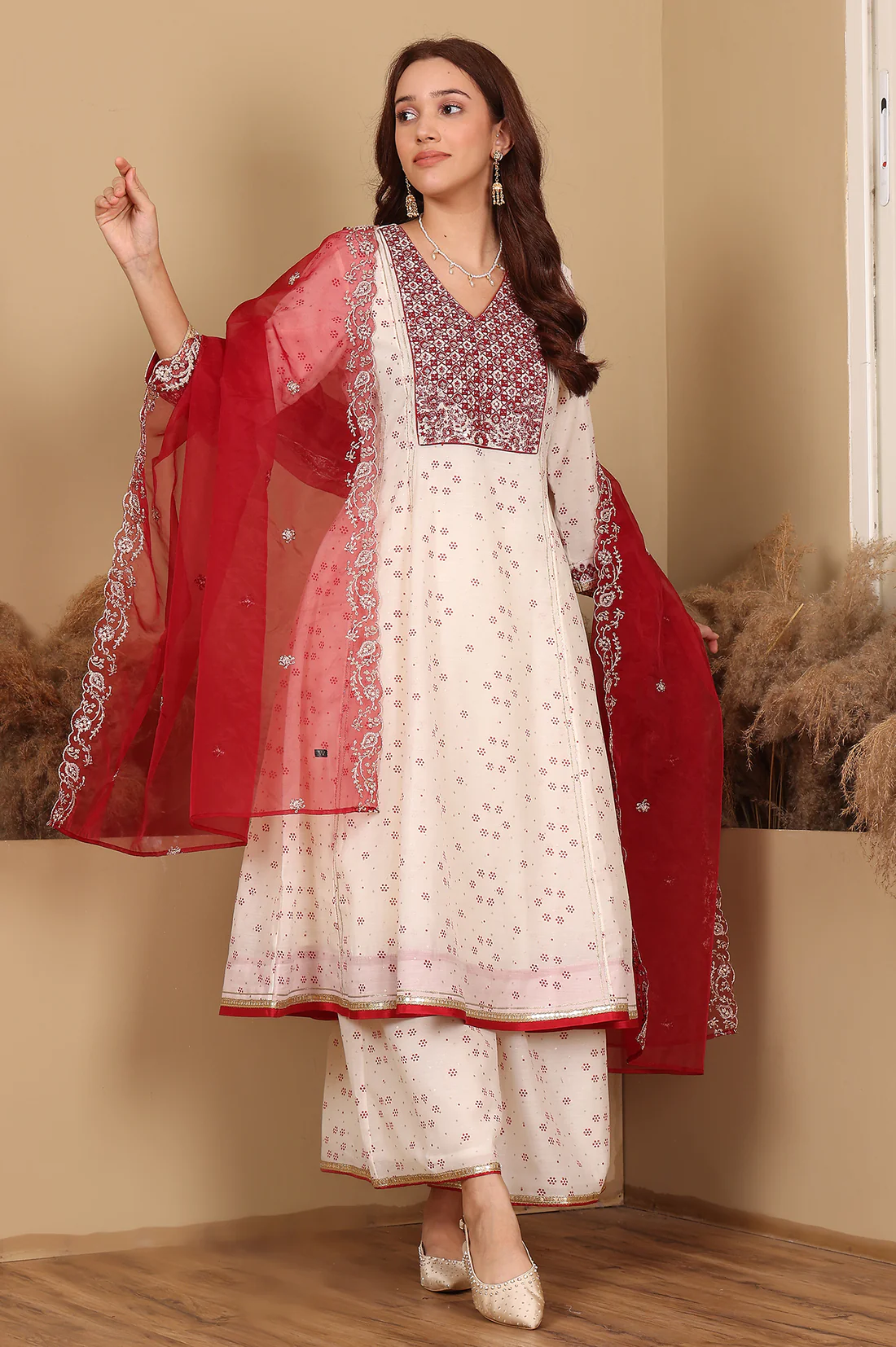 Whisper White Dot Printed Embroidered Chanderi Anarkali Kurta
